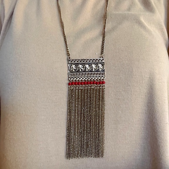 brassy gold statement necklace red detail with coin detail and chain tassels - Picture 2 of 5